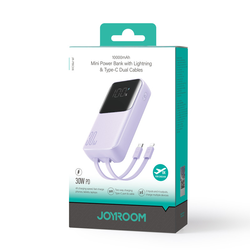 Joyroom JR-PBC06 mini maitinimo blokas su įmontuotais USB-C / Lightning laidais 30W 10000mAh - violetinė