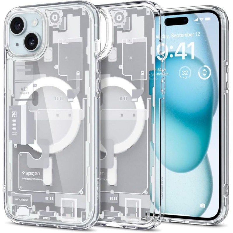 „Spigen Ultra Hybrid Mag“ dėklas su „MagSafe“, skirtas „iPhone 15 Plus“ – baltas (nulio vieno raštas)