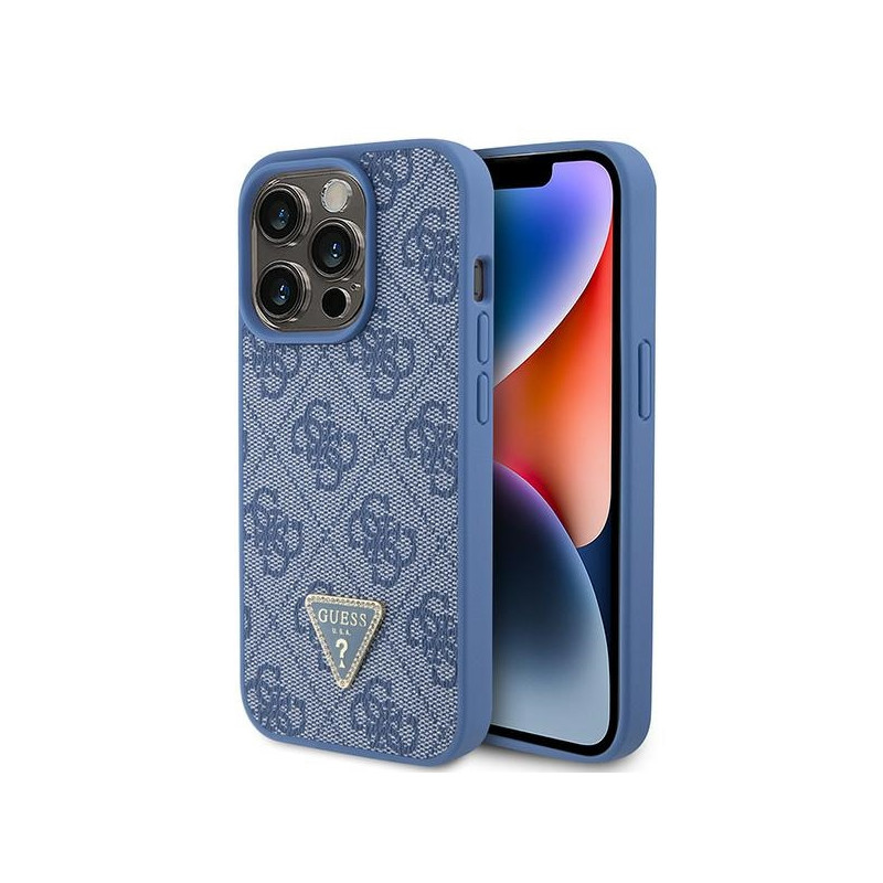 Guess Leather 4G Triangle Strass dėklas iPhone 15 Pro - mėlynas