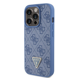 Guess Leather 4G Triangle Strass dėklas iPhone 15 Pro - mėlynas