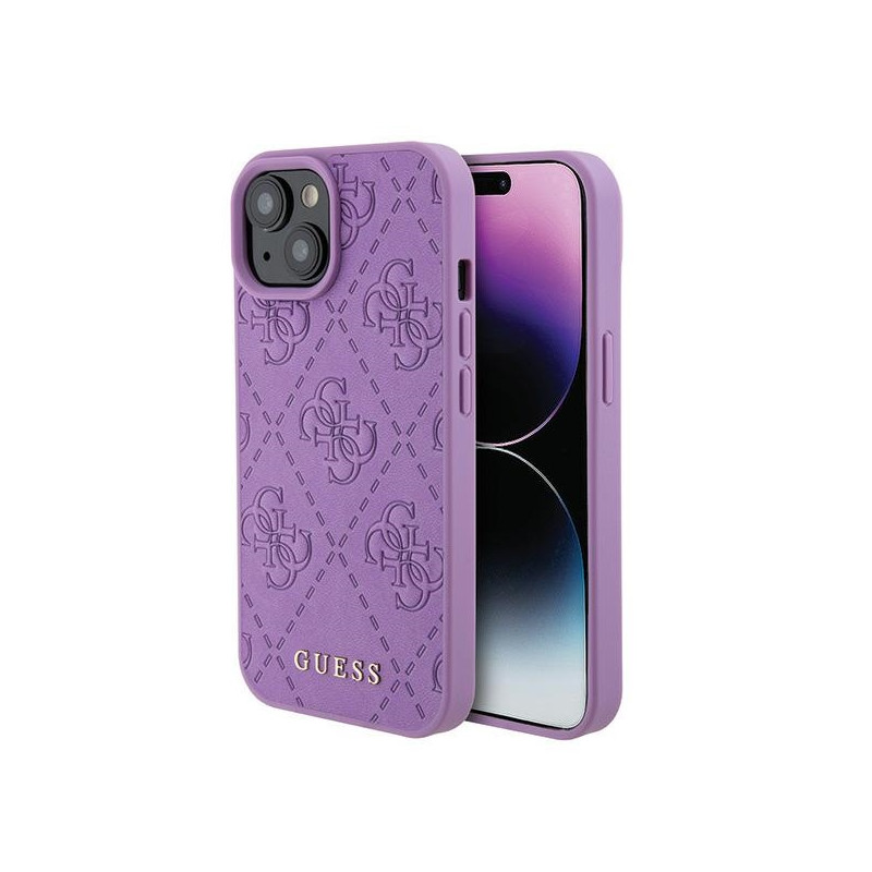 Guess Leather 4G štampuotas dėklas iPhone 15 - violetinis