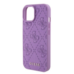 Guess Leather 4G štampuotas dėklas iPhone 15 - violetinis