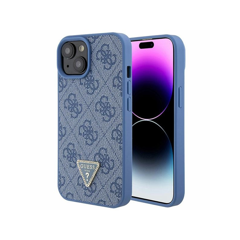 Guess Leather 4G Triangle Strass dėklas iPhone 15 - mėlynas