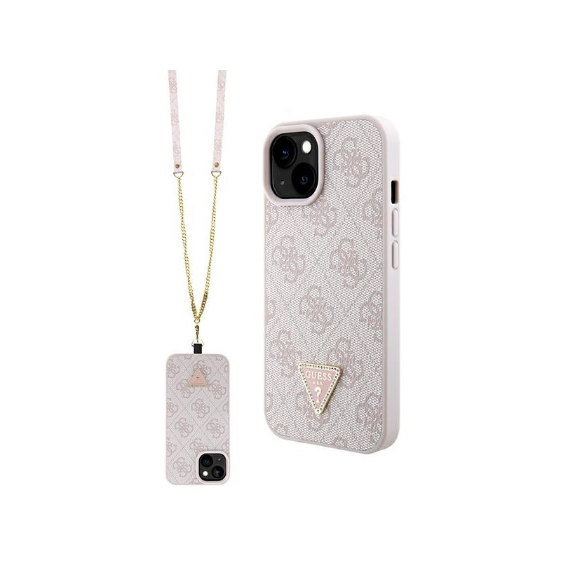 Guess Crossbody 4G metalinis logotipo dėklas iPhone 15 - rožinis
