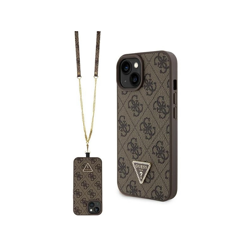 Guess Crossbody 4G metalinis logotipo dėklas iPhone 15 - rudas