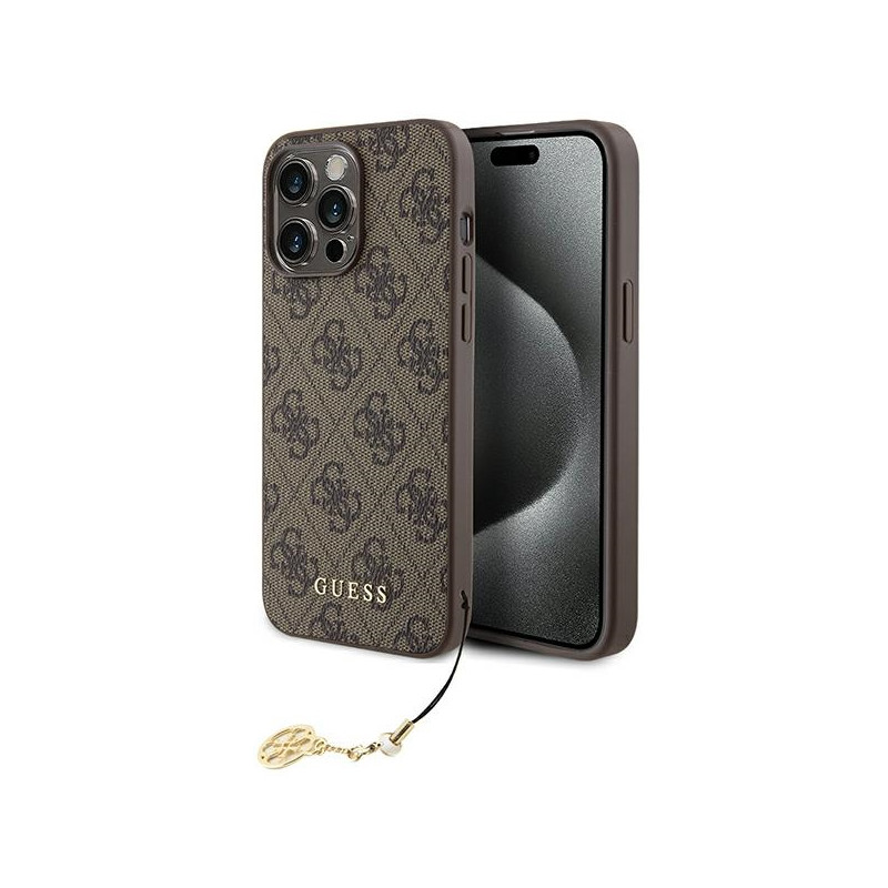 Guess 4G Charms Collection dėklas, skirtas iPhone 15 Pro Max - rudas
