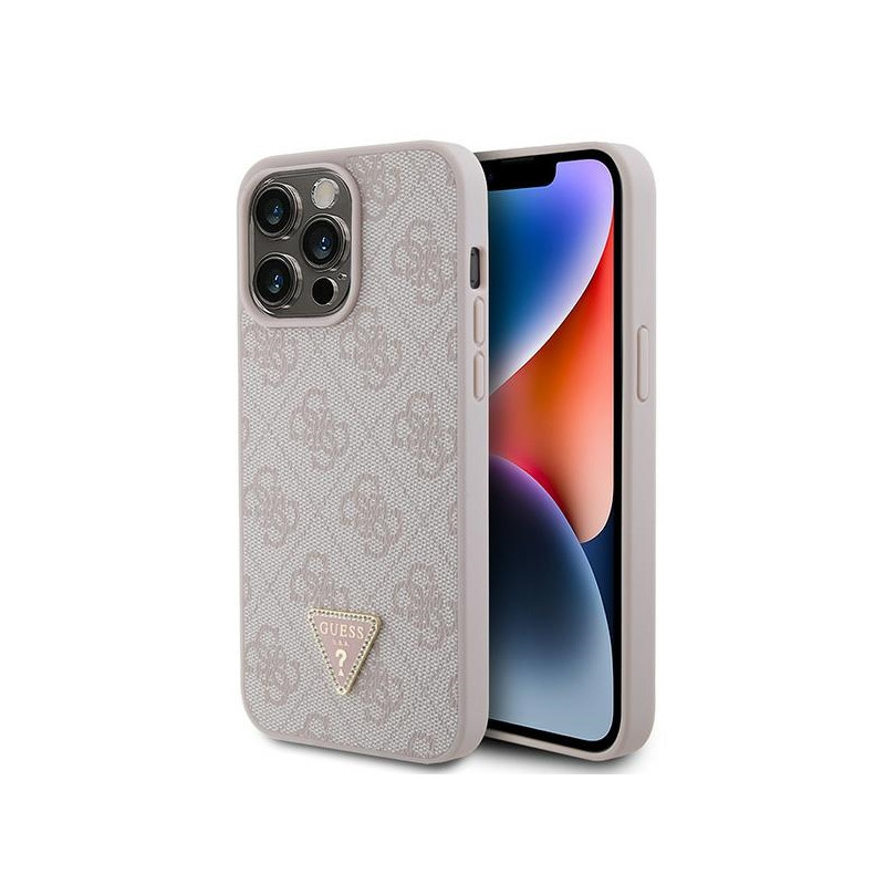 Guess Leather 4G Diamond Triangle dėklas, skirtas iPhone 15 Pro Max - rožinis