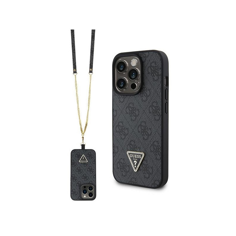 Guess Crossbody 4G metalinis logotipo dėklas, skirtas iPhone 15 Pro Max - juodas