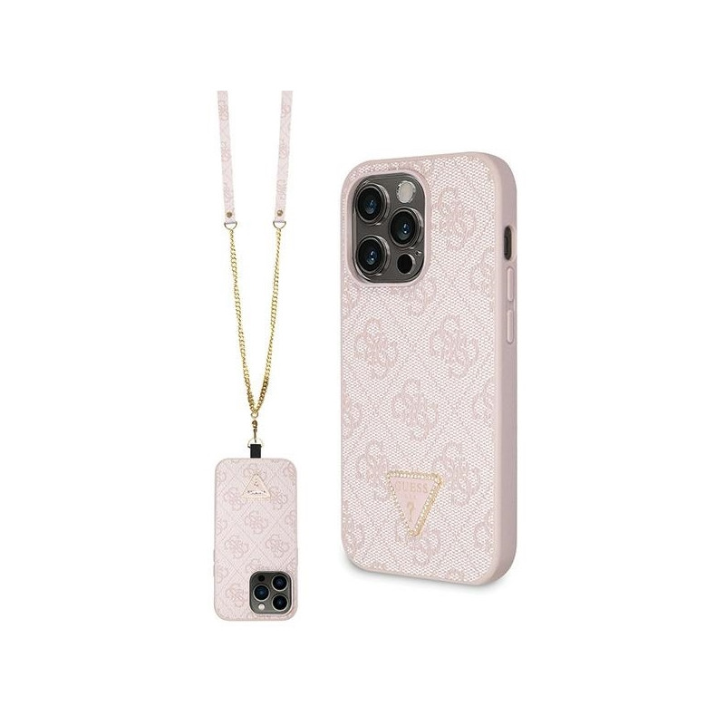 Guess Crossbody 4G metalinis logotipo dėklas iPhone 15 Pro Max - rožinis