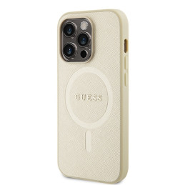 Guess Saffiano MagSafe dėklas iPhone 15 Pro - auksinis