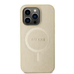 Guess Saffiano MagSafe dėklas iPhone 15 Pro - auksinis