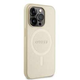 Guess Saffiano MagSafe dėklas iPhone 15 Pro - auksinis