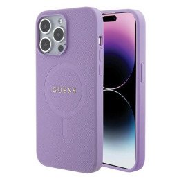 Guess Saffiano MagSafe dėklas iPhone 15 Pro Max - violetinis