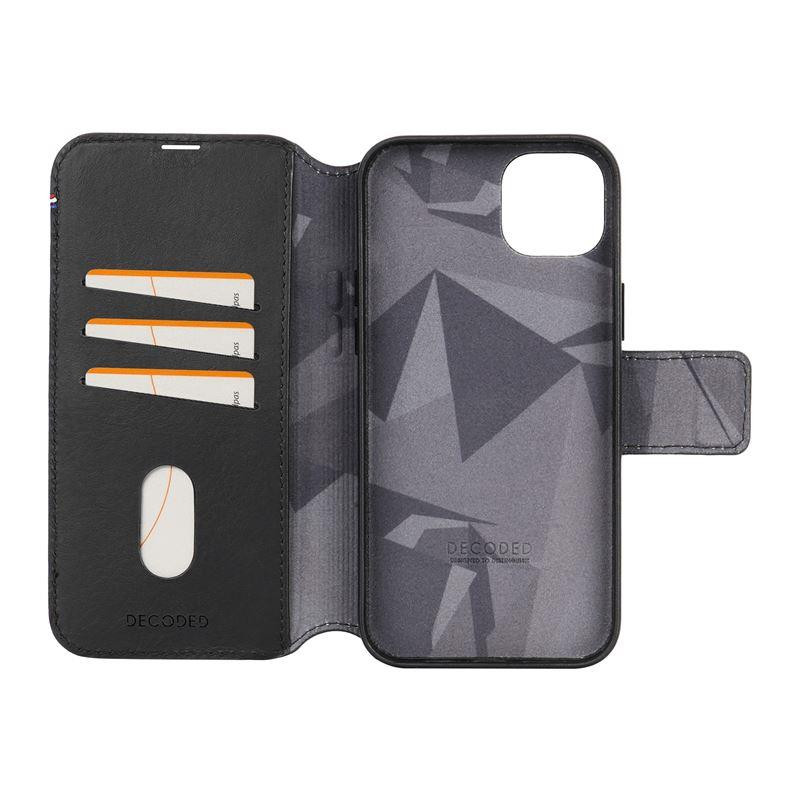 Dekoduotas nuimamas piniginės dėklas, odinis su MagSafe, skirtas iPhone 15 Plus – juodas