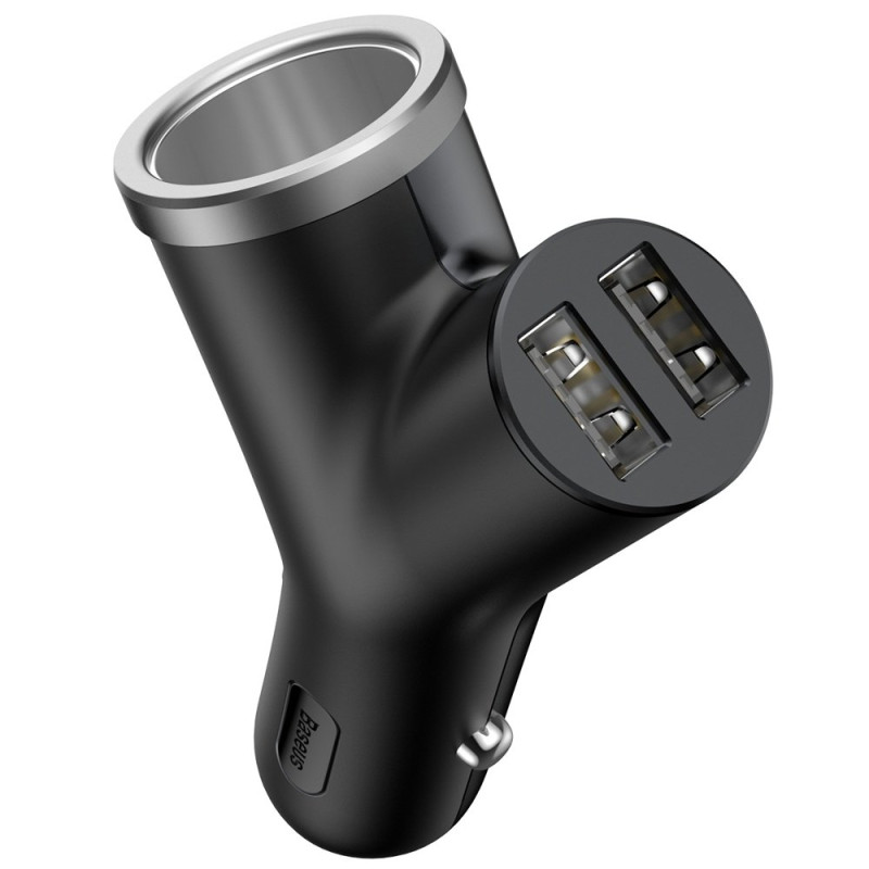 Baseus Y Type Car Charger automobilinis įkroviklis 2x USB + cigarečių degiklio lizdas 3.4A juodas (CCALL-YX01)