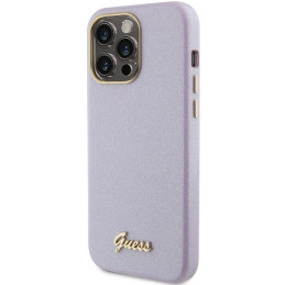 Guess Glitter Glossy Script dėklas, skirtas iPhone 15 Pro - alyvinė