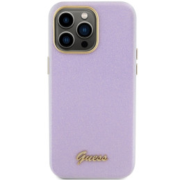 Guess Glitter Glossy Script dėklas, skirtas iPhone 15 Pro - alyvinė