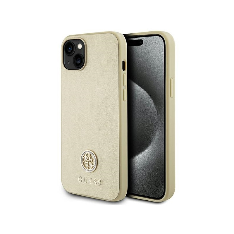 Guess Leather 4G Metal Logo Strass dėklas iPhone 15 - auksinis