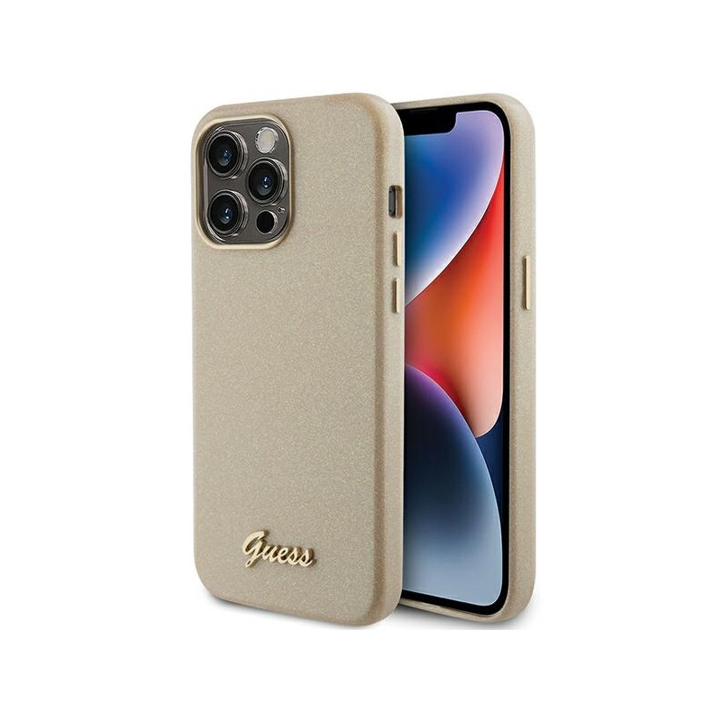 Guess Glitter Glossy Script dėklas, skirtas iPhone 15 Pro Max - auksinis