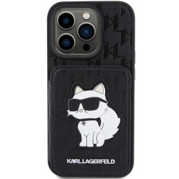 Karl Lagerfeld Saffiano kortelių lizdai ir stovo monograminis dėklas, skirtas iPhone 15 Pro – juodas
