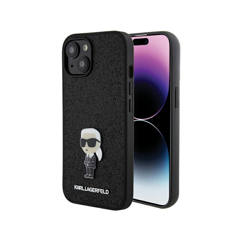 Karl Lagerfeld Fixed Glitter Ikonik Logo Metal Pin dėklas iPhone 15 - juodas