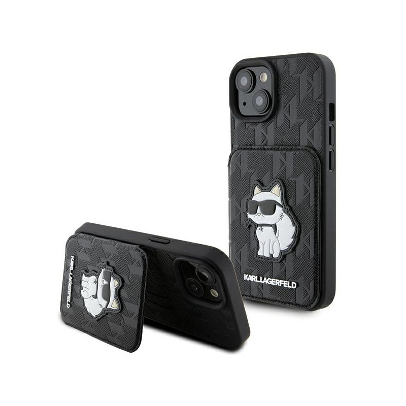 Karl Lagerfeld Saffiano kortelių lizdai ir stovo monograma Choupette dėklas, skirtas iPhone 15 - juodas