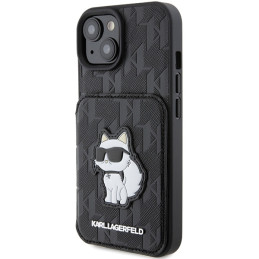 Karl Lagerfeld Saffiano kortelių lizdai ir stovo monograma Choupette dėklas, skirtas iPhone 15 - juodas