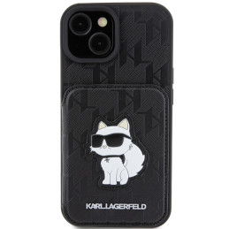 Karl Lagerfeld Saffiano kortelių lizdai ir stovo monograma Choupette dėklas, skirtas iPhone 15 - juodas