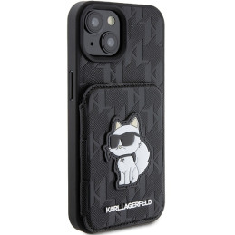 Karl Lagerfeld Saffiano kortelių lizdai ir stovo monograma Choupette dėklas, skirtas iPhone 15 - juodas
