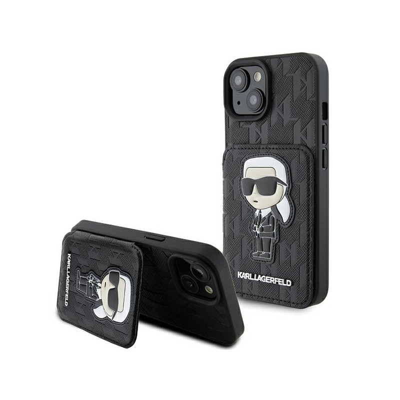 Karl Lagerfeld Saffiano kortelių lizdai ir stovo monograma Ikonik Patch dėklas, skirtas iPhone 15 - juodas