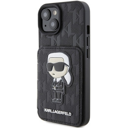 Karl Lagerfeld Saffiano kortelių lizdai ir stovo monograma Ikonik Patch dėklas, skirtas iPhone 15 - juodas