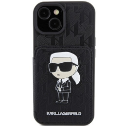 Karl Lagerfeld Saffiano kortelių lizdai ir stovo monograma Ikonik Patch dėklas, skirtas iPhone 15 - juodas