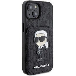 Karl Lagerfeld Saffiano kortelių lizdai ir stovo monograma Ikonik Patch dėklas, skirtas iPhone 15 - juodas