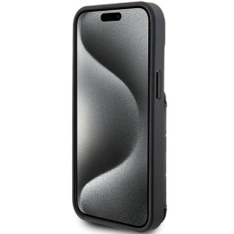 Karl Lagerfeld Saffiano kortelių lizdai ir stovo monograma Ikonik Patch dėklas, skirtas iPhone 15 - juodas