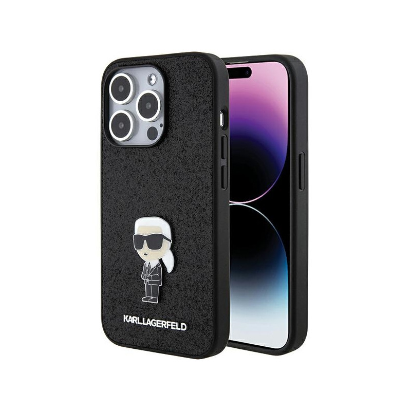 Karl Lagerfeld Fixed Glitter Ikonik Logo Metal Pin Case iPhone 15 Pro Max - juodas