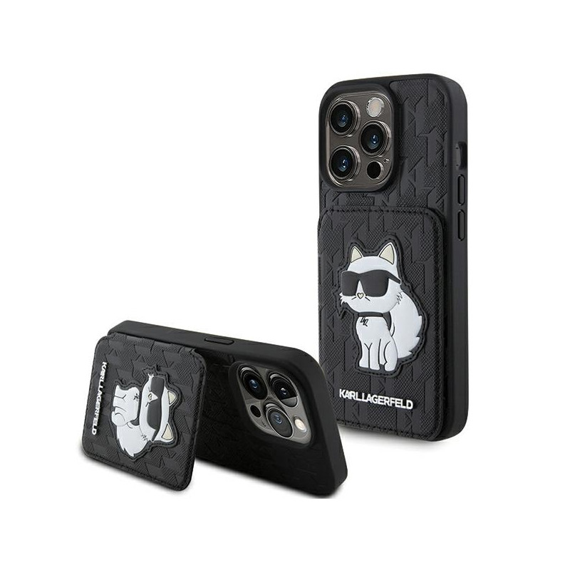 Karl Lagerfeld Saffiano kortelių lizdai ir stovo monograminis dėklas, skirtas iPhone 15 Pro Max – juodas