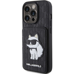 Karl Lagerfeld Saffiano kortelių lizdai ir stovo monograminis dėklas, skirtas iPhone 15 Pro Max – juodas