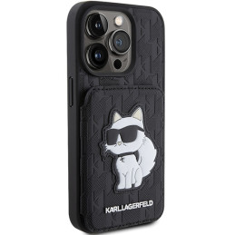 Karl Lagerfeld Saffiano kortelių lizdai ir stovo monograminis dėklas, skirtas iPhone 15 Pro Max – juodas