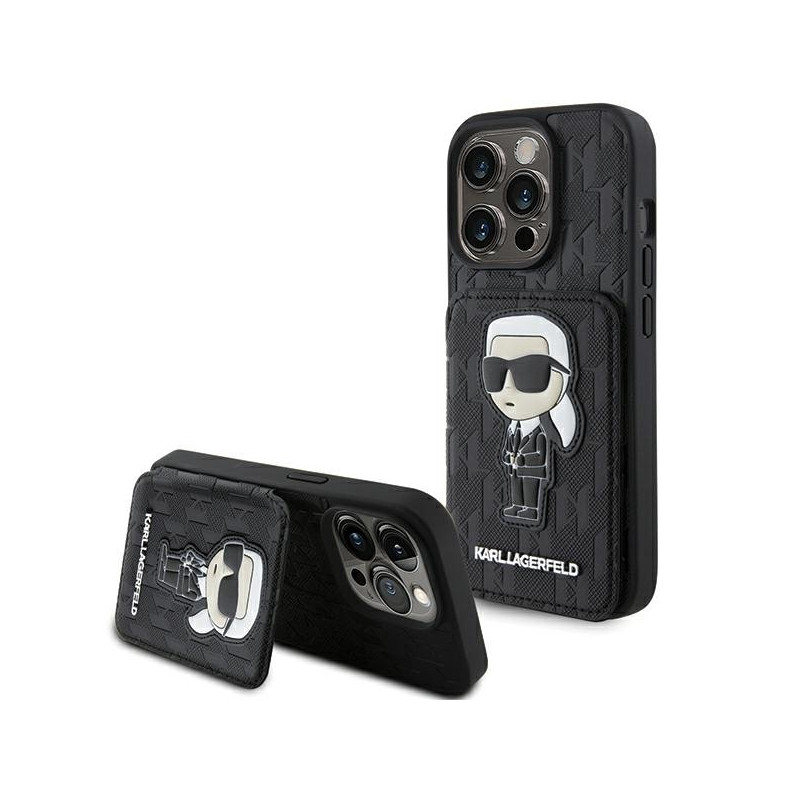 Karl Lagerfeld Saffiano kortelių lizdai ir stovo monograma Ikonik Patch dėklas, skirtas iPhone 15 Pro Max - juodas