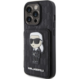 Karl Lagerfeld Saffiano kortelių lizdai ir stovo monograma Ikonik Patch dėklas, skirtas iPhone 15 Pro Max - juodas