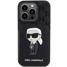 Karl Lagerfeld Saffiano kortelių lizdai ir stovo monograma Ikonik Patch dėklas, skirtas iPhone 15 Pro Max - juodas