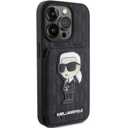 Karl Lagerfeld Saffiano kortelių lizdai ir stovo monograma Ikonik Patch dėklas, skirtas iPhone 15 Pro Max - juodas