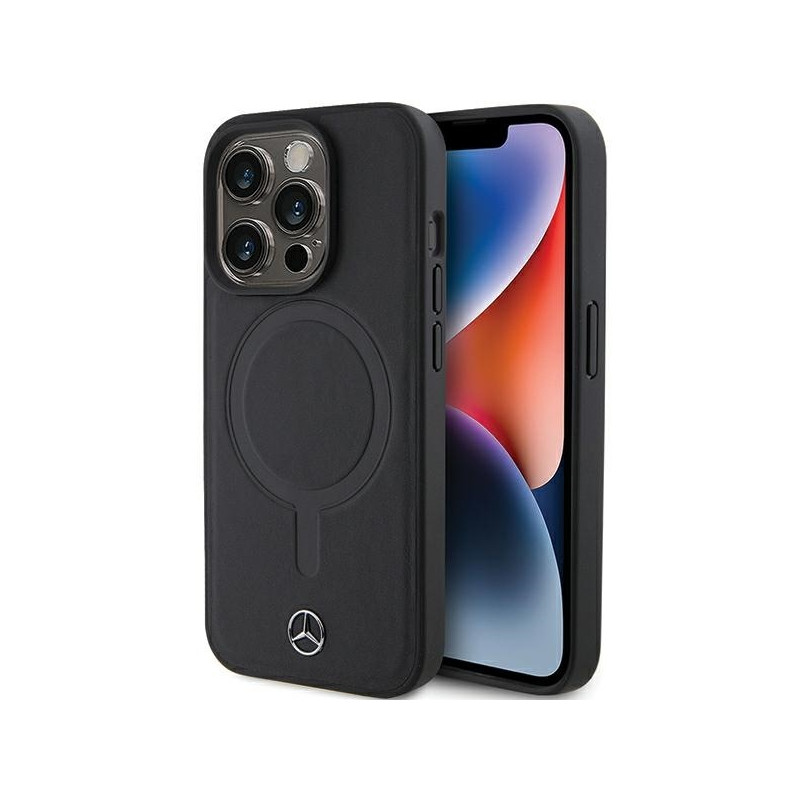 Mercedes Smooth Leather MagSafe dėklas iPhone 15 Pro - juodas