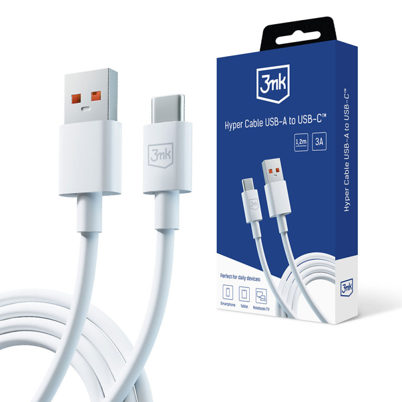 3mk Hyper Cable USB-A / USB-C 1,2m 5A - baltas