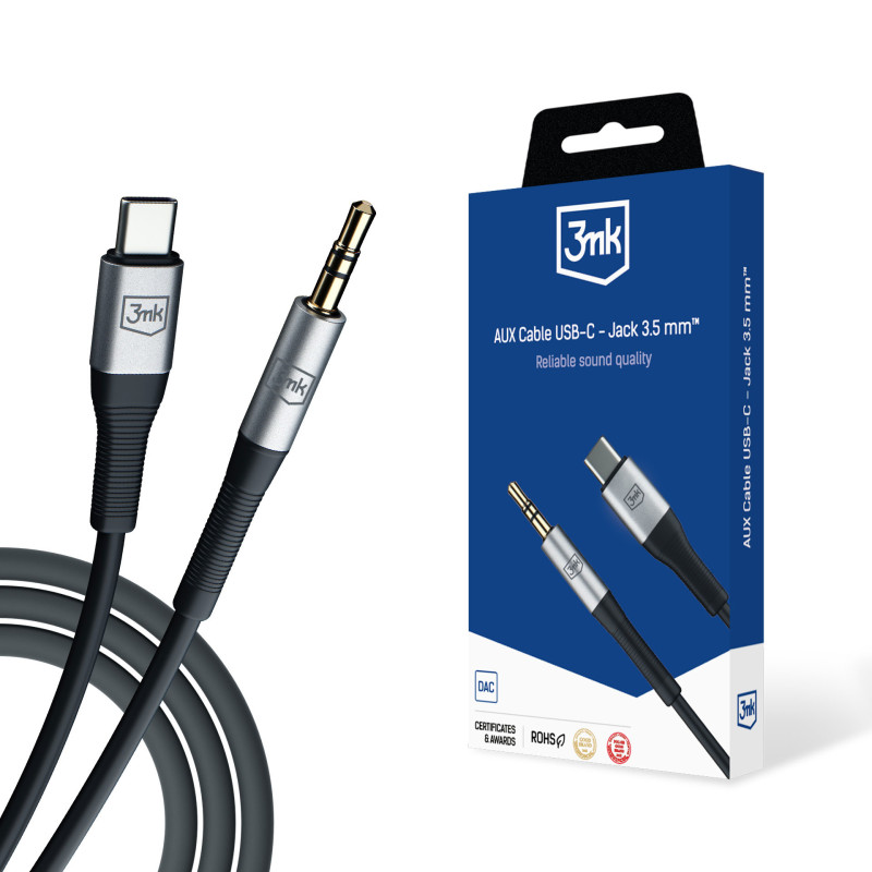 3mk AUX mini lizdas 3,5 mm / USB-C laidas – sidabrinis