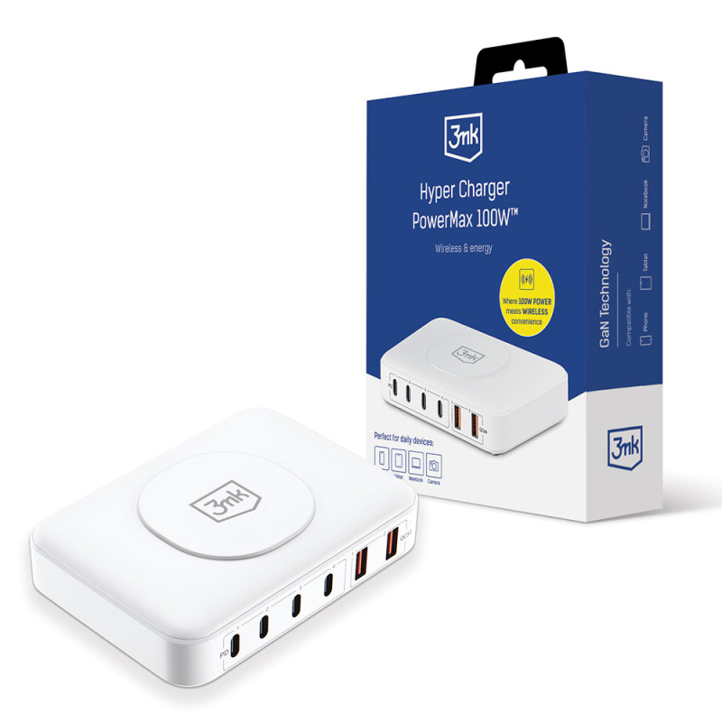 3mk Hyper Charger PowerMax 100W stalinis įkroviklis belaidis 4x USB-C 2x USB-A - balta