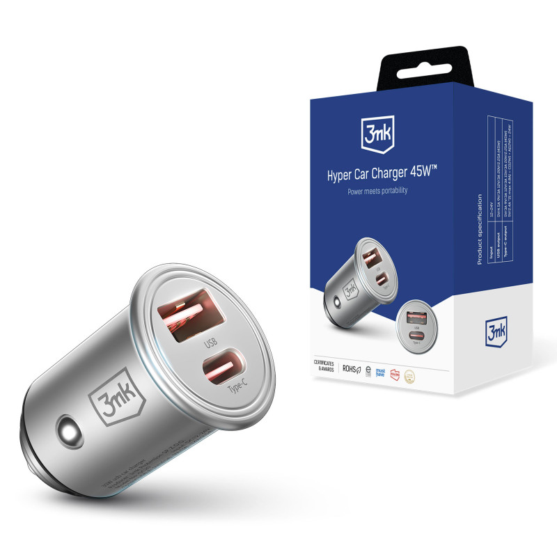 3mk Hyper Car Charger 45W USB-C USB-A automobilinis įkroviklis – sidabrinis