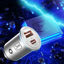 3mk Hyper Car Charger 45W USB-C USB-A automobilinis įkroviklis – sidabrinis