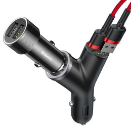 Baseus Y Type Car Charger automobilinis įkroviklis 2x USB + cigarečių degiklio lizdas 3.4A juodas (CCALL-YX01)