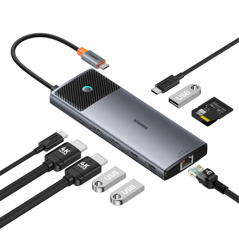 HUB 10in1 Baseus Metal Gleam II USB-C – HDMI 4K 120Hz / HDMI 4K 60Hz / USB-A 3.2 / 2x USB-A / USB-C 3.2 / RJ45 / SD, TF ...